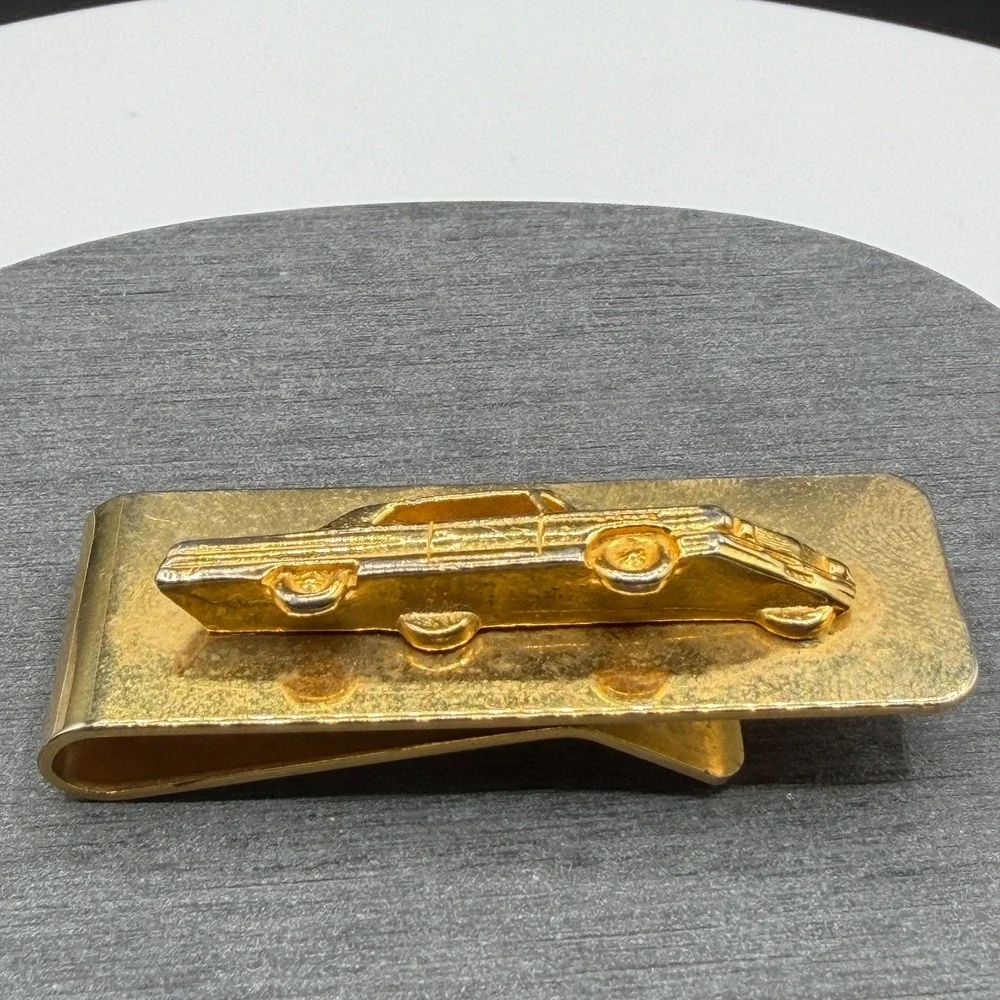 Gold Tone Classic Car Money Clip Raised Automobile Motif Collectible Mens Gift